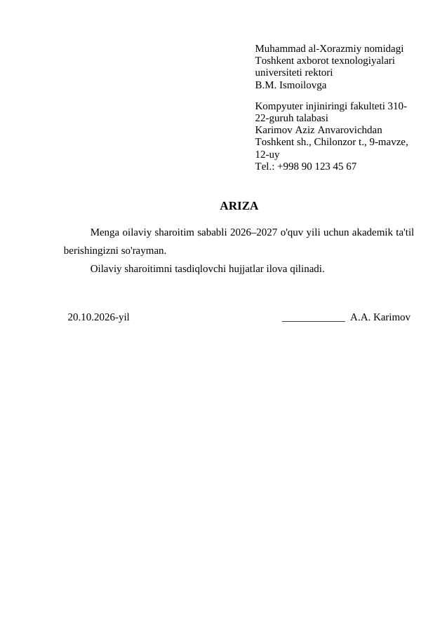 Ariza — to'ldirilgan namuna